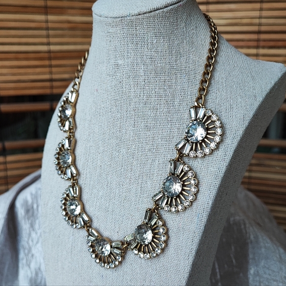 J. Crew Fan Baguette Crystal Clear Rhinestone Brass Tone Statement Necklace EUC - Picture 2 of 10